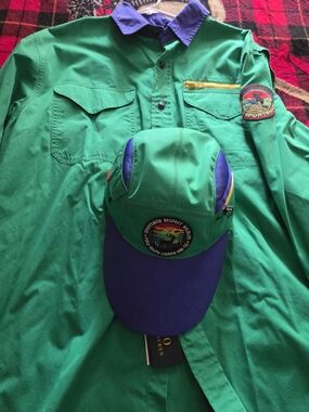 Polo by Ralph Lauren Green and Blue Casual Button-Down Shirt with Matching Cap